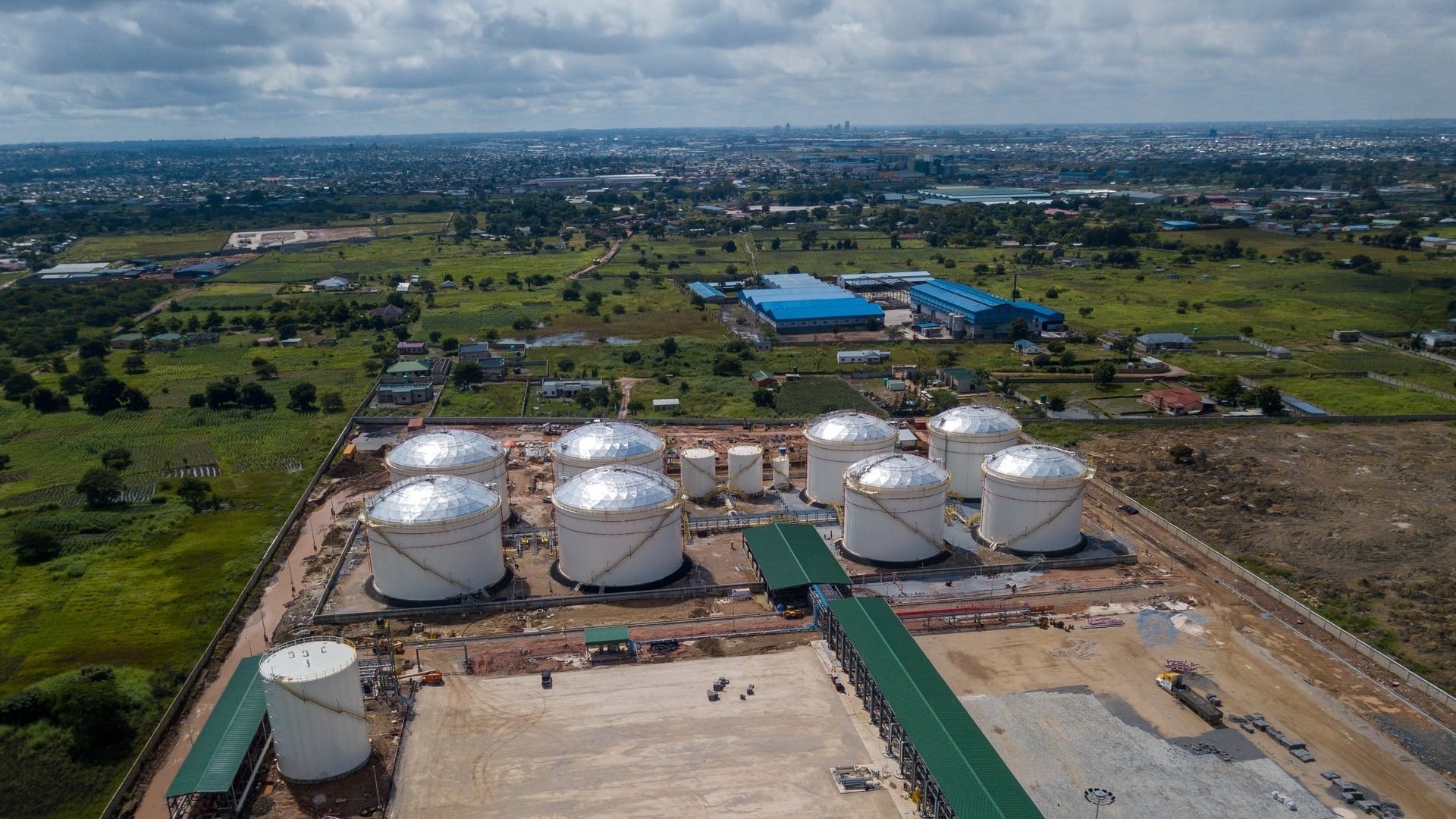 Aerial view of the strategic bulk fuel storage depot tank farm in Lusaka, Zambia