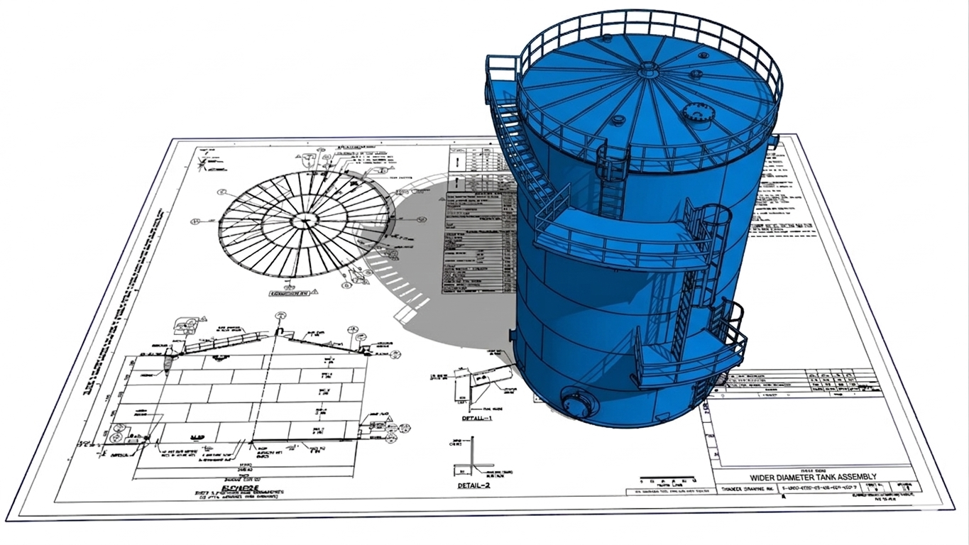 Large tank internal engineering infographic showing roof structure, support columns, and access systems
